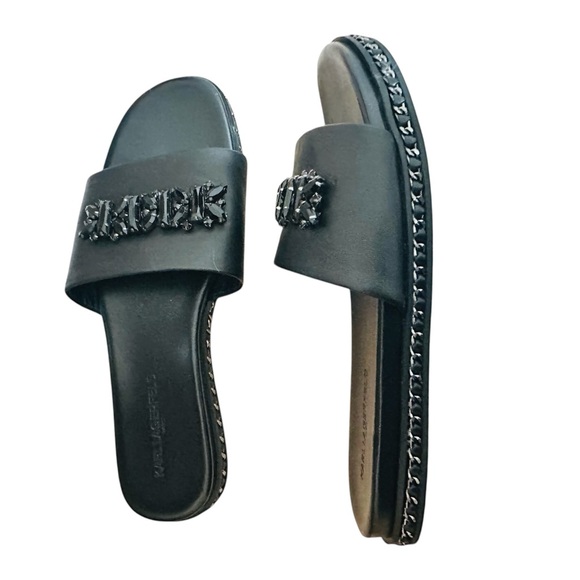 Karl Lagerfeld Paris Womens Bijou Leather Embellished Slide sandals - Picture 7 of 11